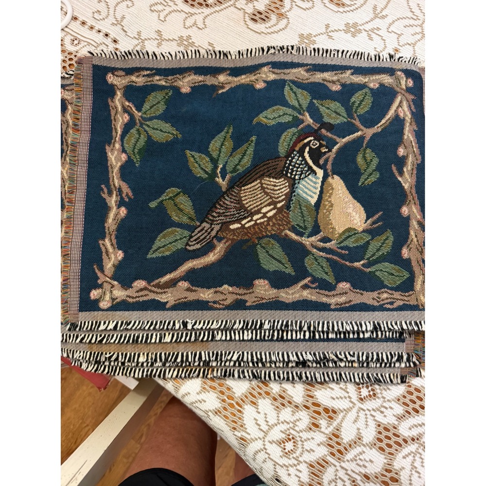 Vintage Woven Tapestry Placemats Partridge in a Pear Tree Navy Blue Set of 8